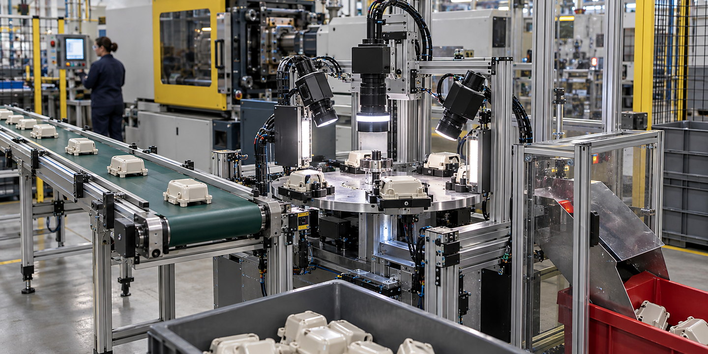 Freshly moulded components moving from robot take-out into a multi-camera inspection fixture beside the moulding machine.